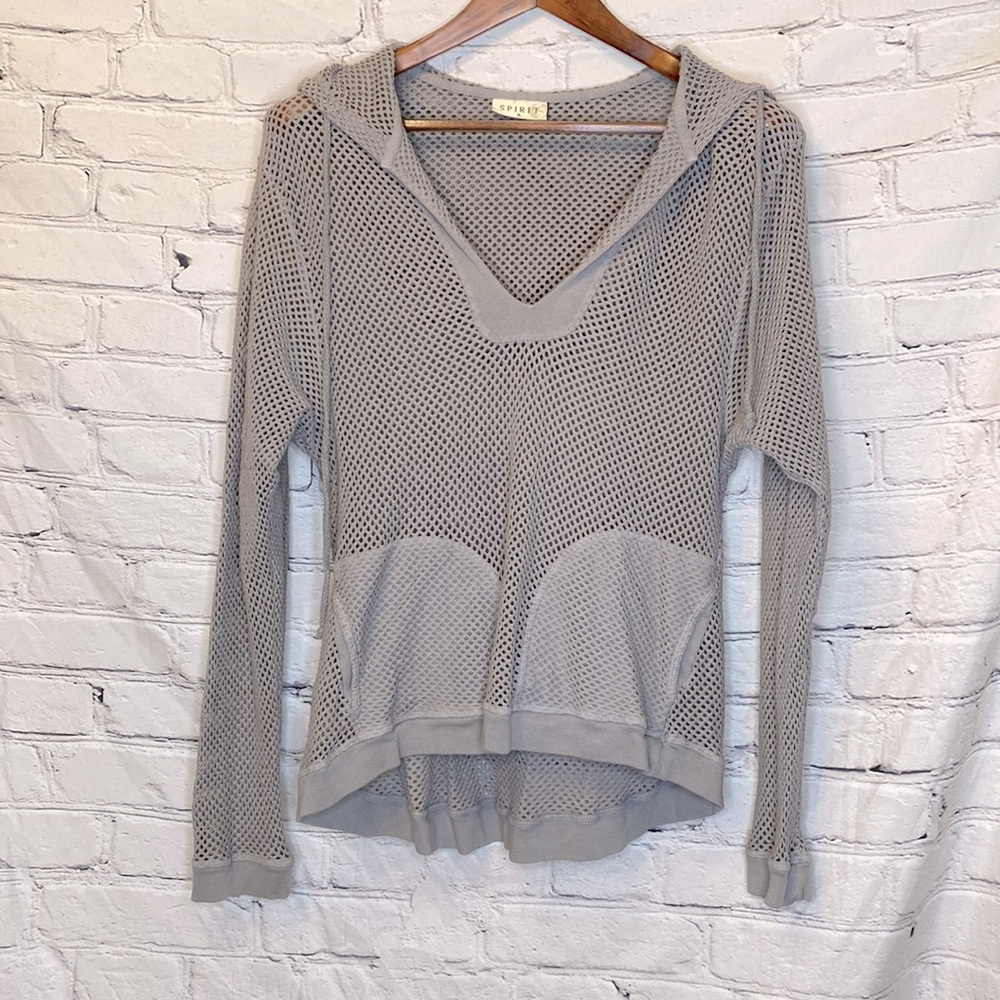 Spirit Gray Open Knit Long Sleeve Hooded Top Size Small